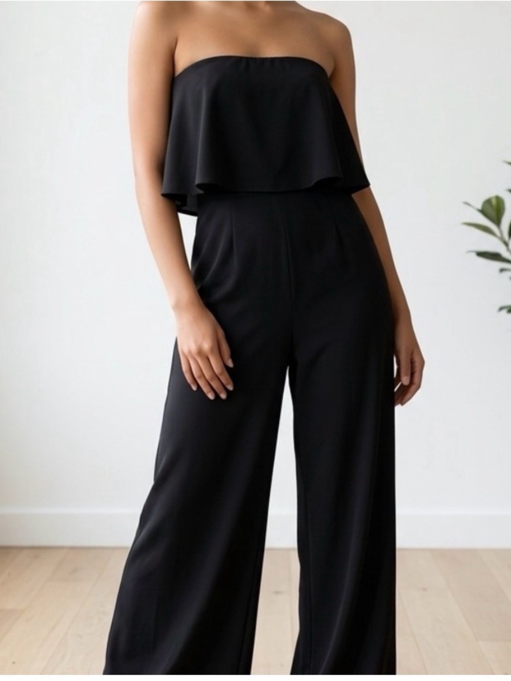 Francesca's Collections Black Strapless Wide-Leg Jumpsuit with Flounce